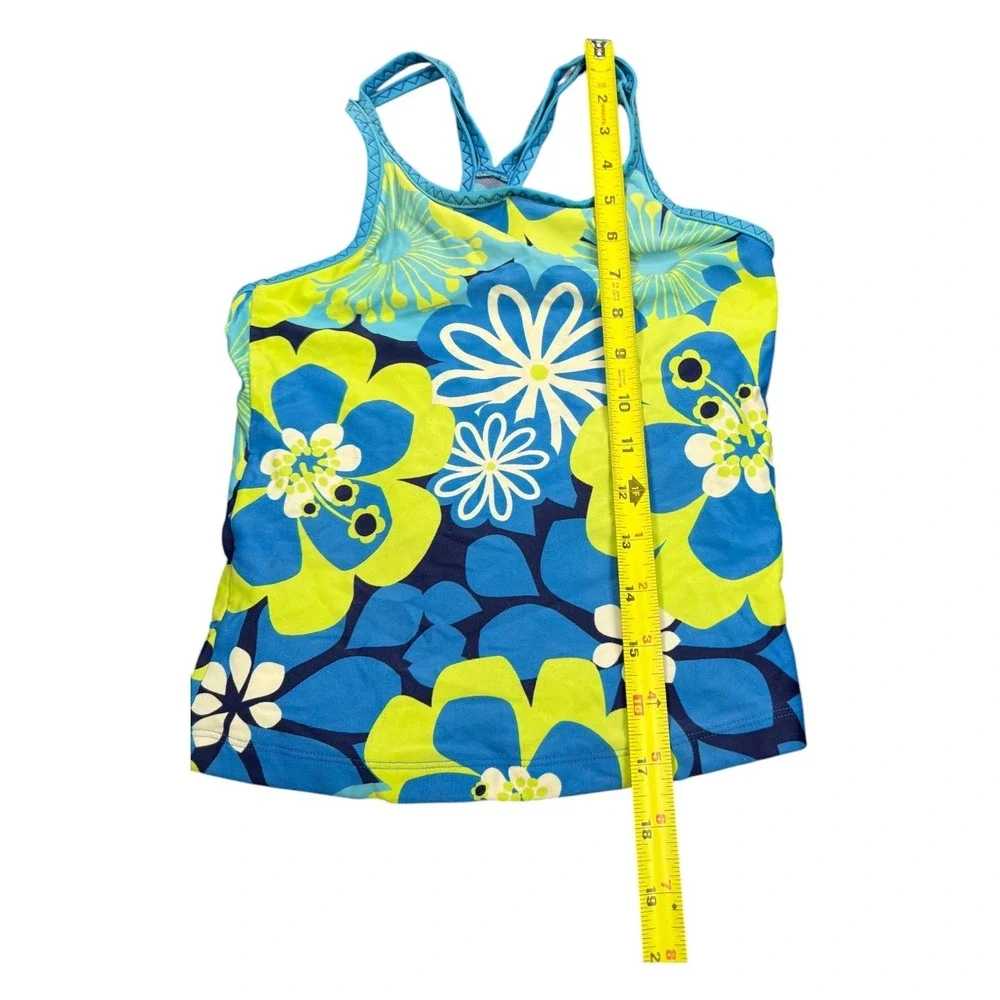 LL Bean Girls Blue Lime Green Floral Tankini Swim Top Racerback‎ Size 10-12